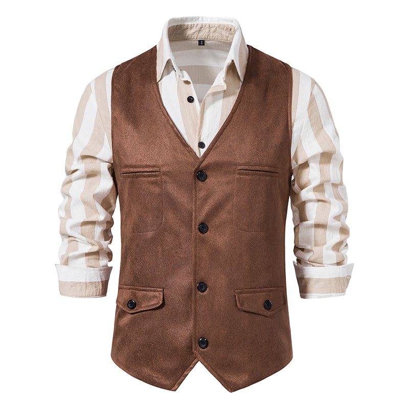Yiaisafa Men's Casual Vintage Suit Vest Brown Suede V Neck Waistcoat