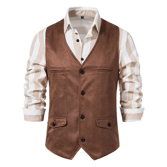 Yiaisafa Men's Casual Vintage Suit Vest Brown Suede V Neck Waistcoat