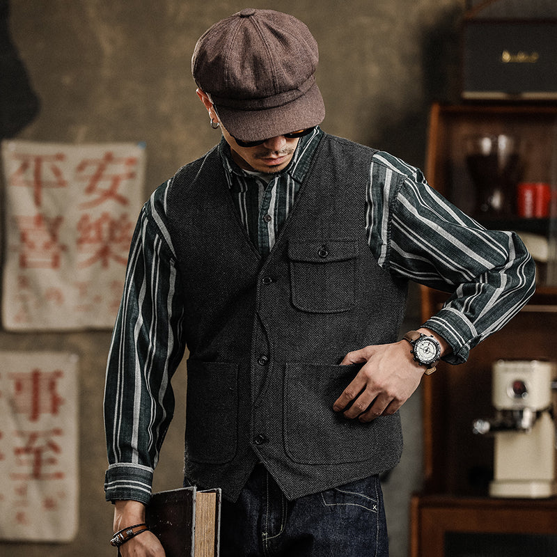 Yiaisafa Men's Casual Vintage Suit Vest Black Herringbone V Neck Waistcoat