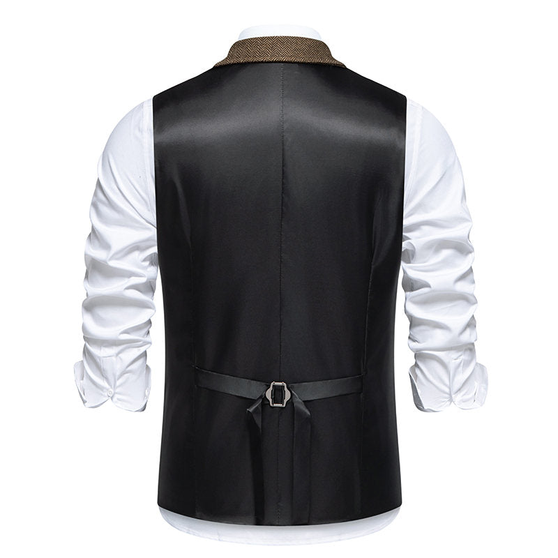 Yiaisafa Men's Vintage Suit Vest Brown Herringbone Notch Lapel Waistcoat for Wedding