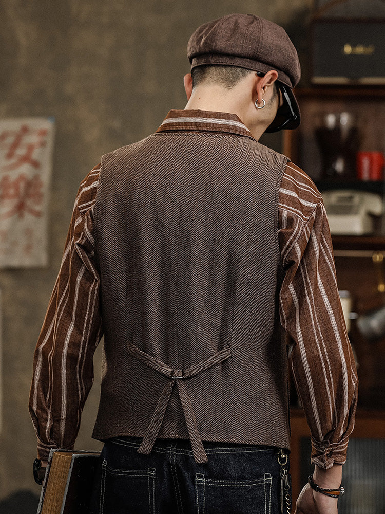 Yiaisafa Men's Casual Vintage Suit Vest Coffee Herringbone V Neck Waistcoat