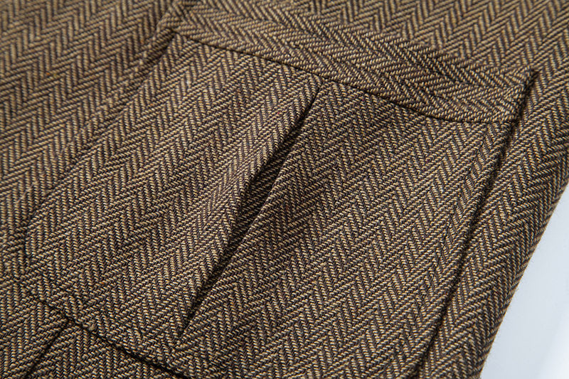 Yiaisafa Men's Vintage Suit Vest Brown Herringbone Notch Lapel Waistcoat for Wedding