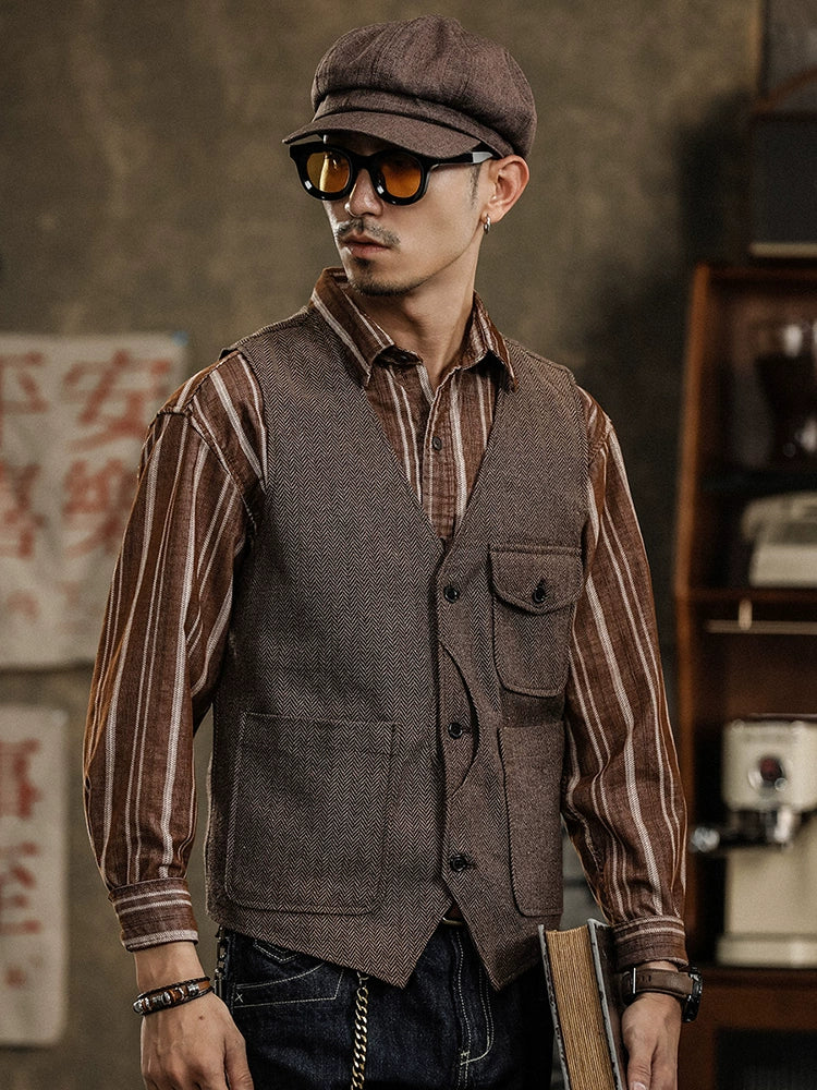 Yiaisafa Men's Casual Vintage Suit Vest Coffee Herringbone V Neck Waistcoat
