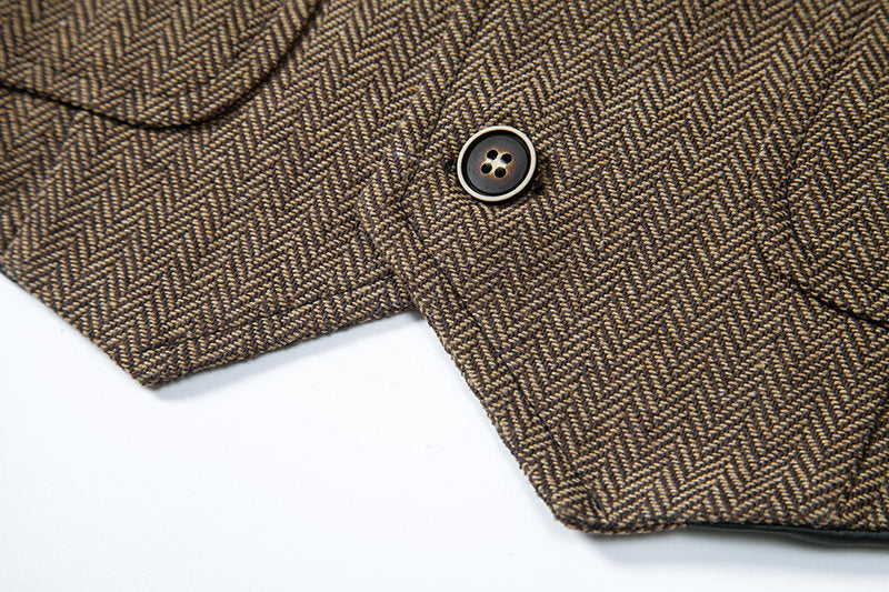 Yiaisafa Men's Vintage Suit Vest Brown Herringbone Notch Lapel Waistcoat for Wedding
