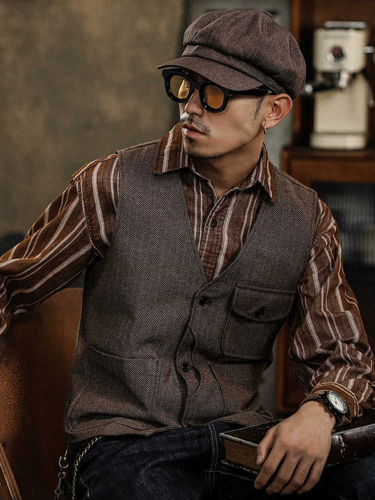 Yiaisafa Men's Casual Vintage Suit Vest Coffee Herringbone V Neck Waistcoat