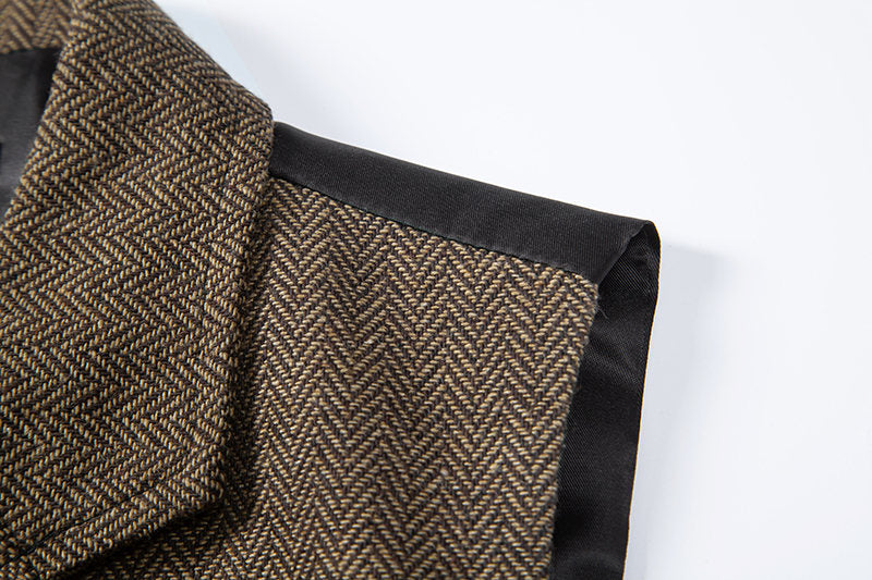 Yiaisafa Men's Vintage Suit Vest Brown Herringbone Notch Lapel Waistcoat for Wedding