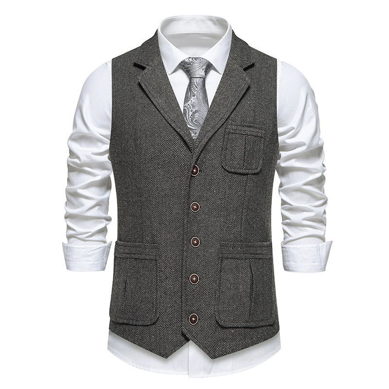 Yiaisafa Men's Vintage Suit Vest Grey Herringbone Notch Lapel Waistcoat for Wedding