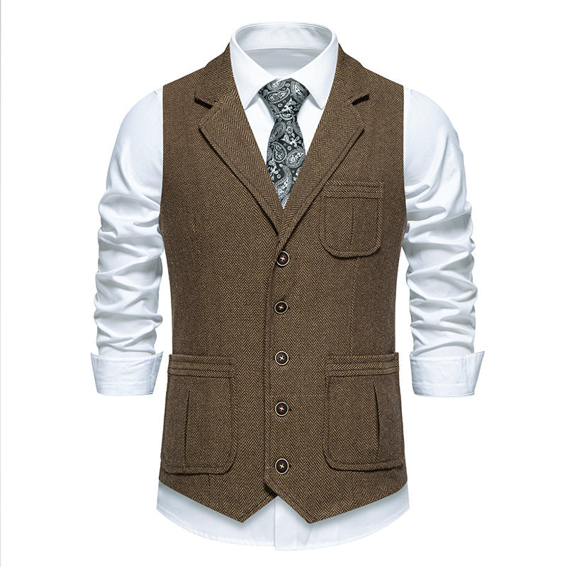 Yiaisafa Men's Vintage Suit Vest Brown Herringbone Notch Lapel Waistcoat for Wedding