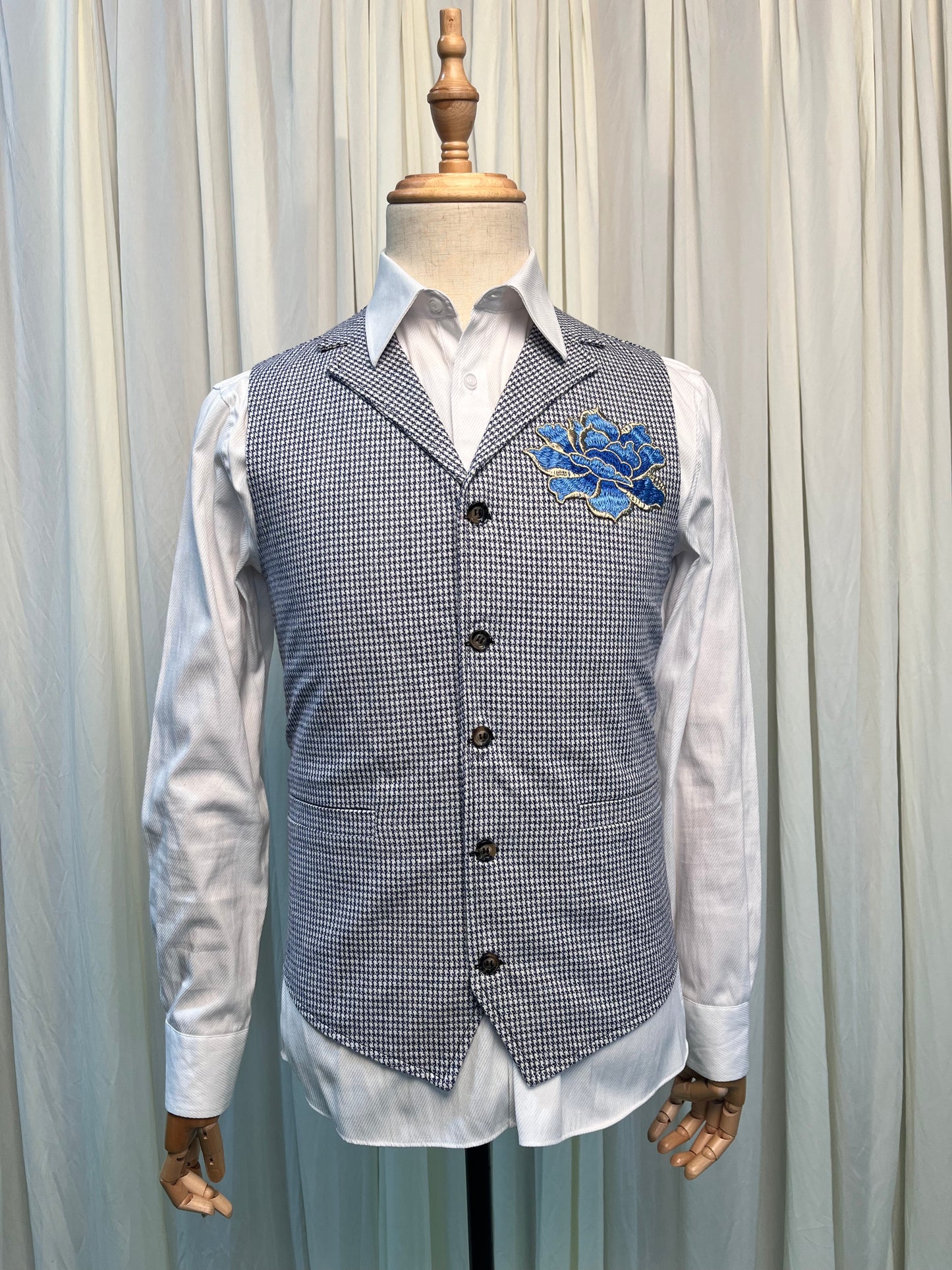 Yiaisafa Vintage Blue Embroidered Wool Checkered Vest Men's Waistcoat