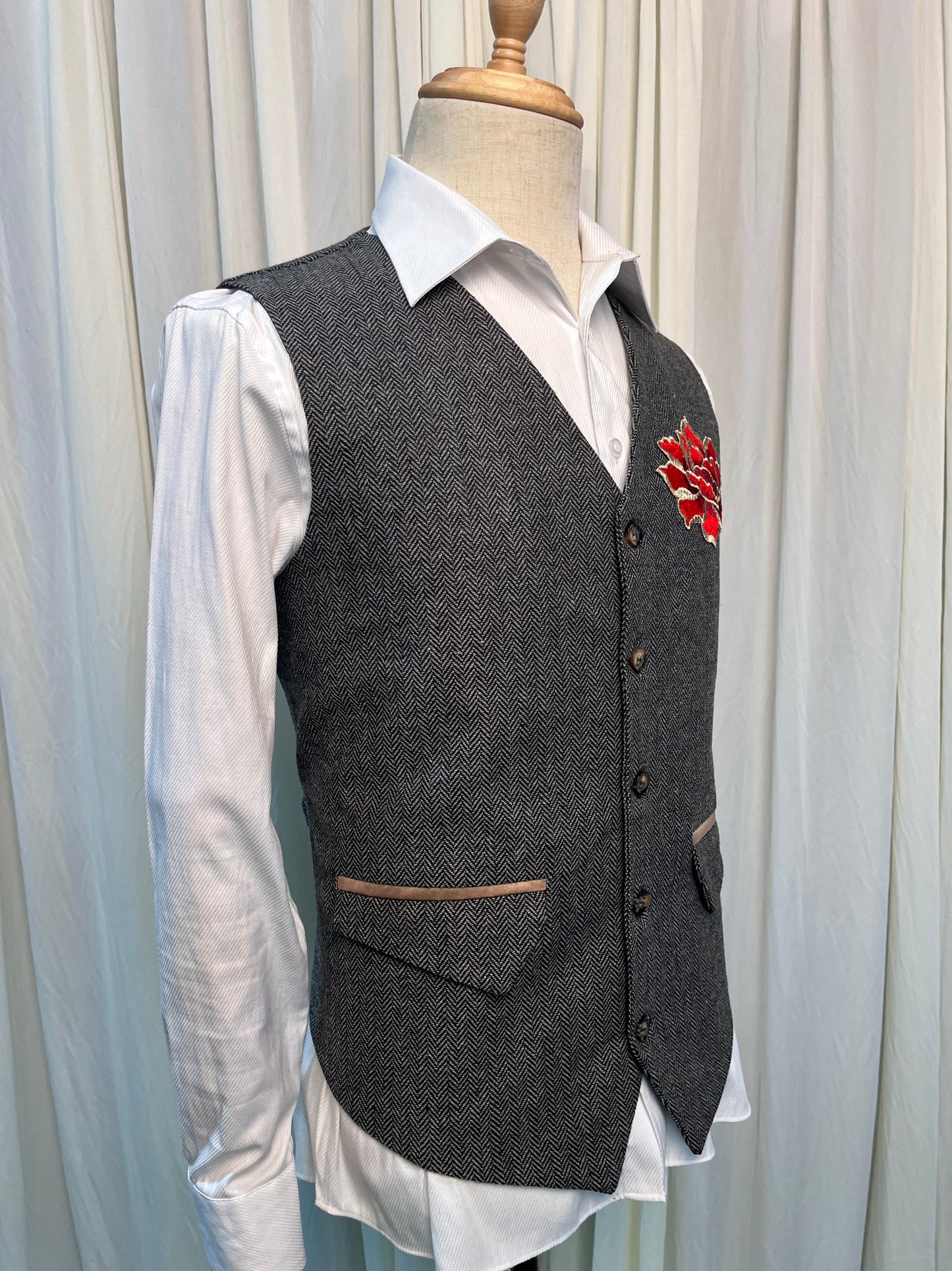 Yiaisafa Mens Suit Vest Waistcoat Red Embroidered Wool Herringbone for Wedding