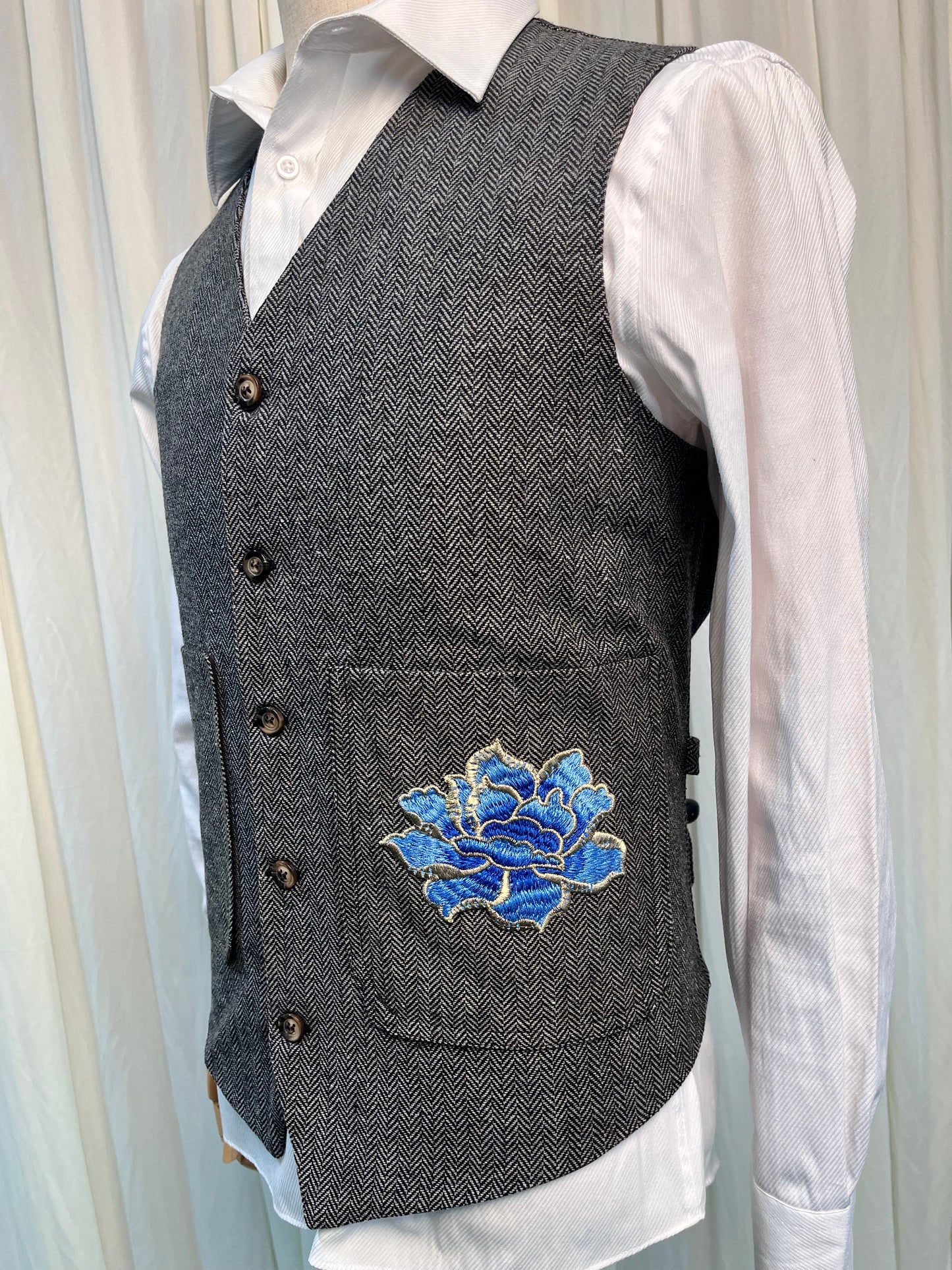 Yiaisafa Men's Herringbone Tweed Suit Vests Blue Embroidered V-Neck Waistcoat