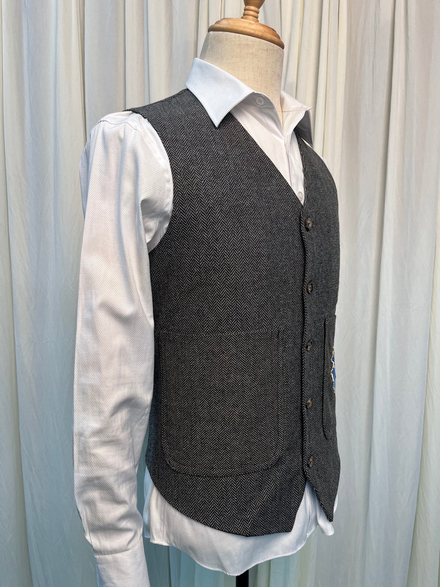Yiaisafa Men's Herringbone Tweed Suit Vests Blue Embroidered V-Neck Waistcoat