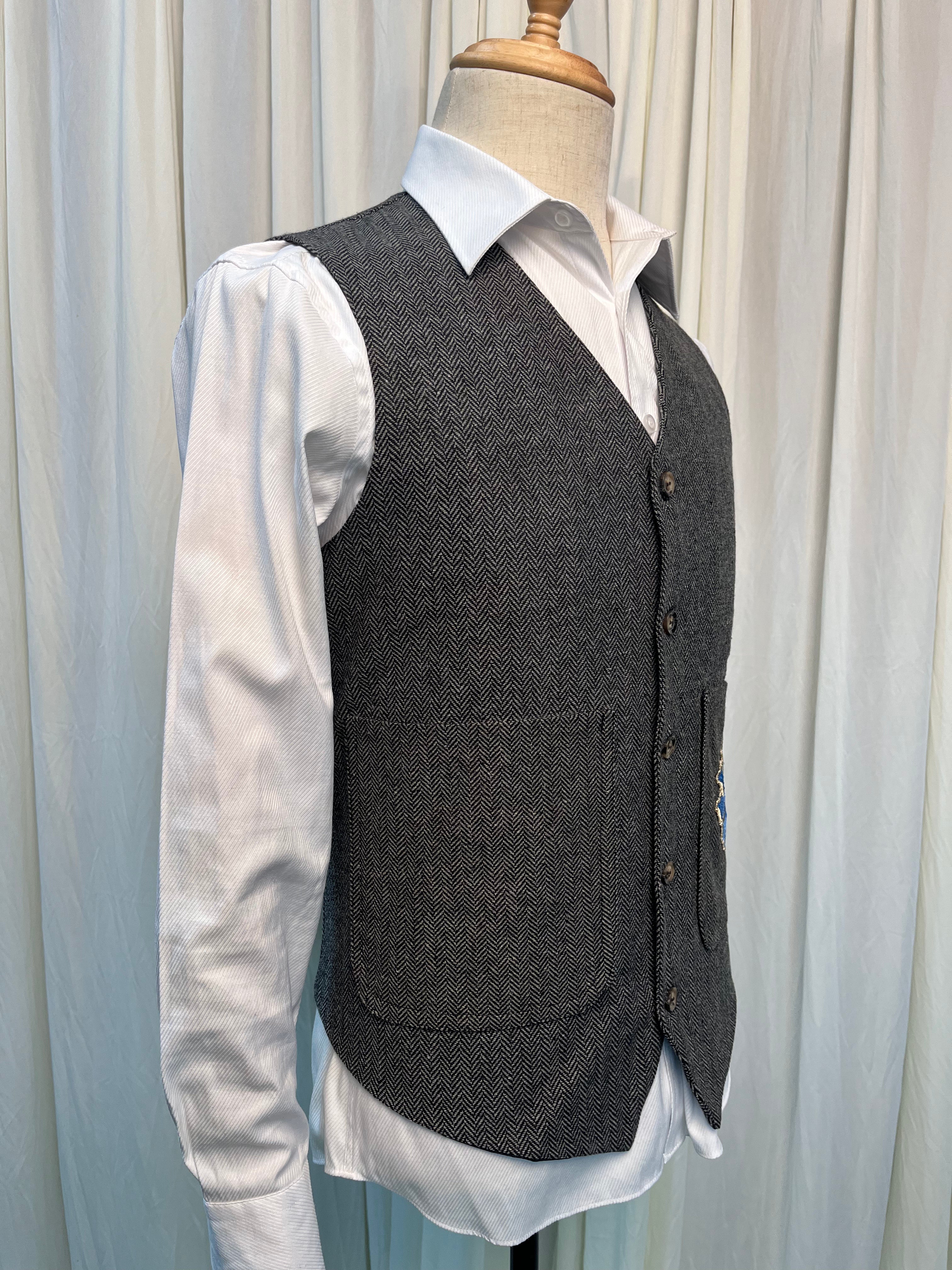 Yiaisafa Men's Herringbone Tweed Suit Vests Blue Embroidered V-Neck Waistcoat