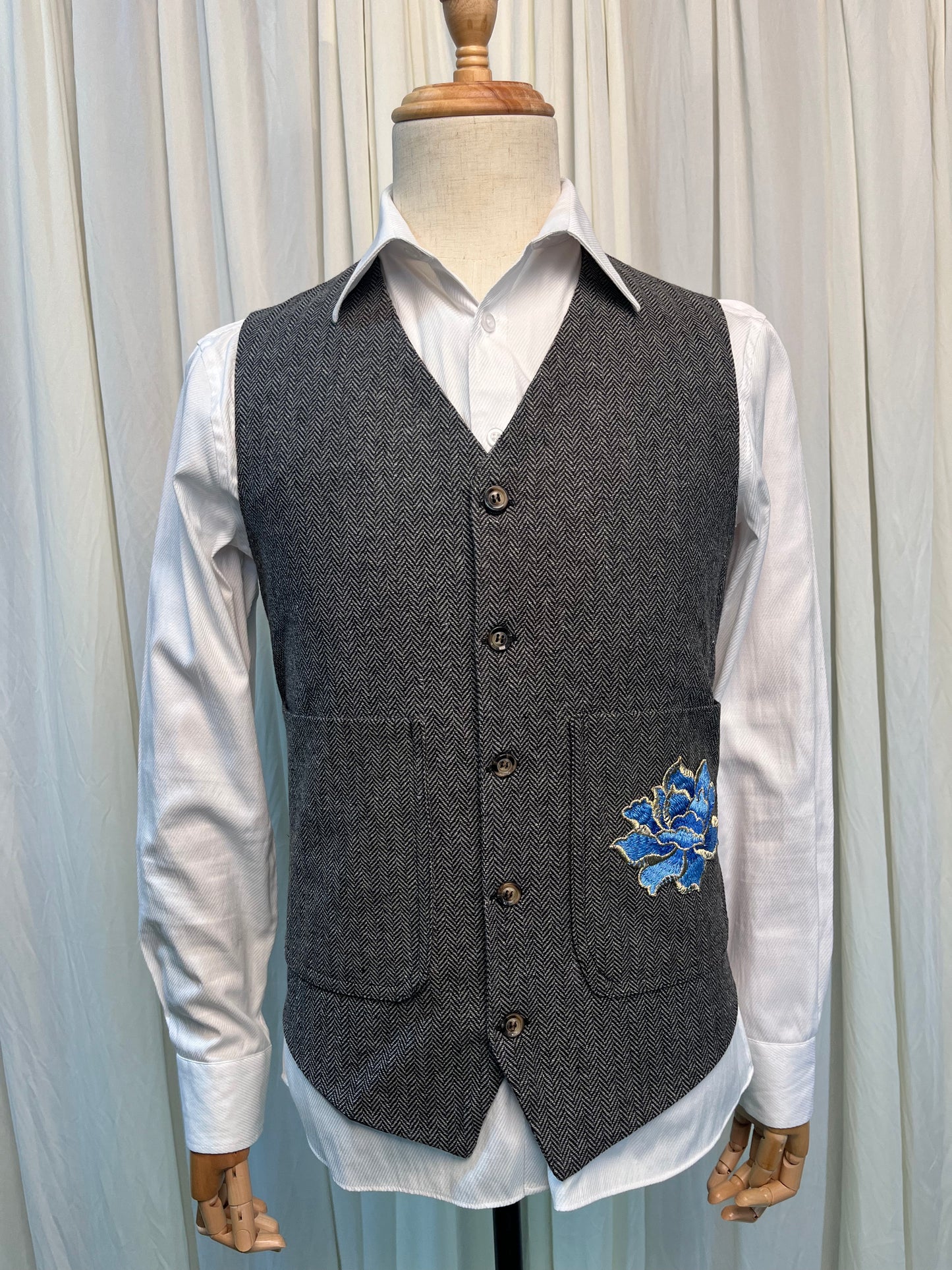 Yiaisafa Men's Herringbone Tweed Suit Vests Blue Embroidered V-Neck Waistcoat
