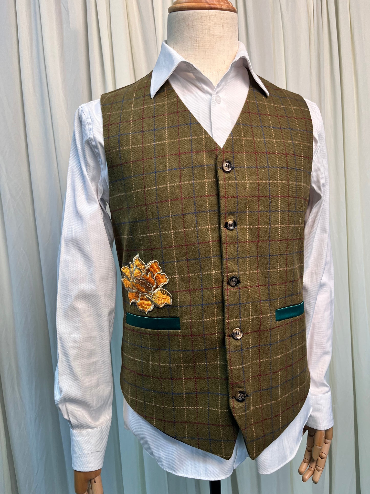 Yiaisafa Men's Vintage Vest Yellow Embroidered Wool V Neck Waistcoat