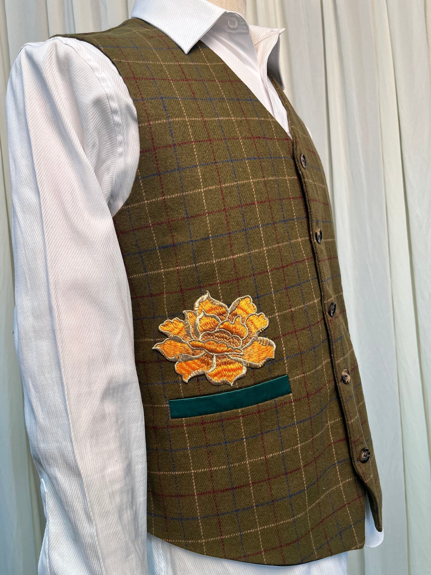 Yiaisafa Men's Vintage Vest Yellow Embroidered Wool V Neck Waistcoat