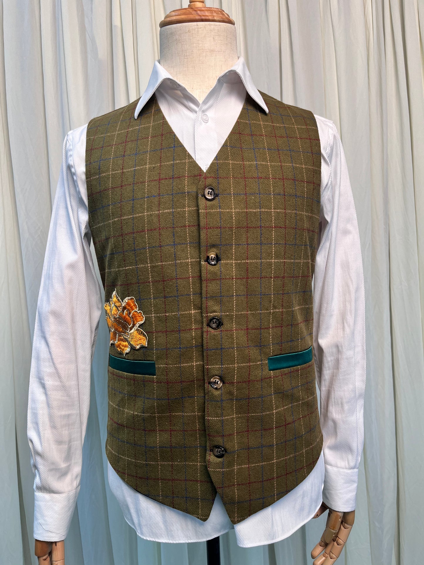 Yiaisafa Men's Vintage Vest Yellow Embroidered Wool V Neck Waistcoat