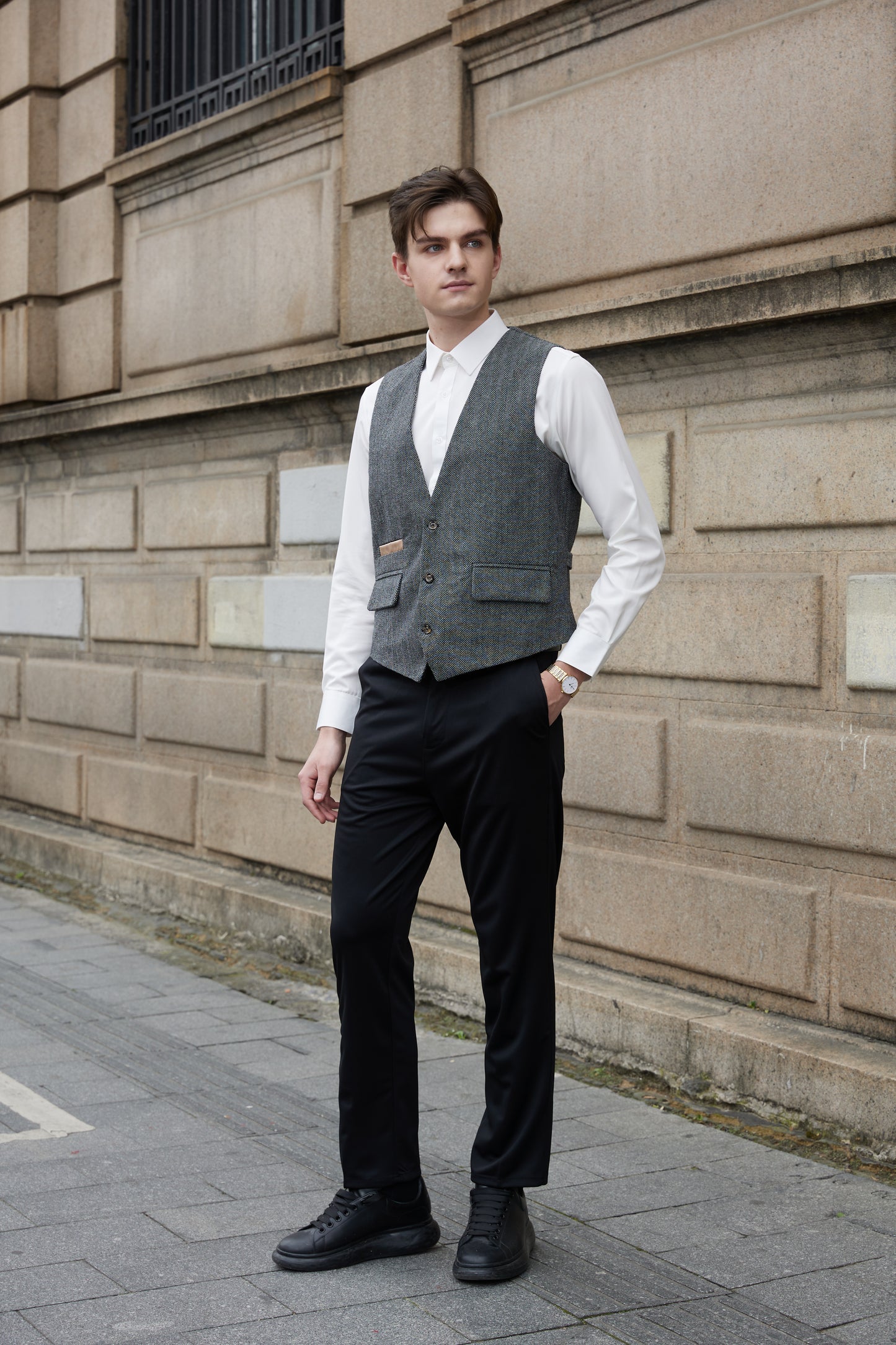 Yiaisafa Men's Tweed Suit Casual Vest Herringbone Wool Prom Waistcoat