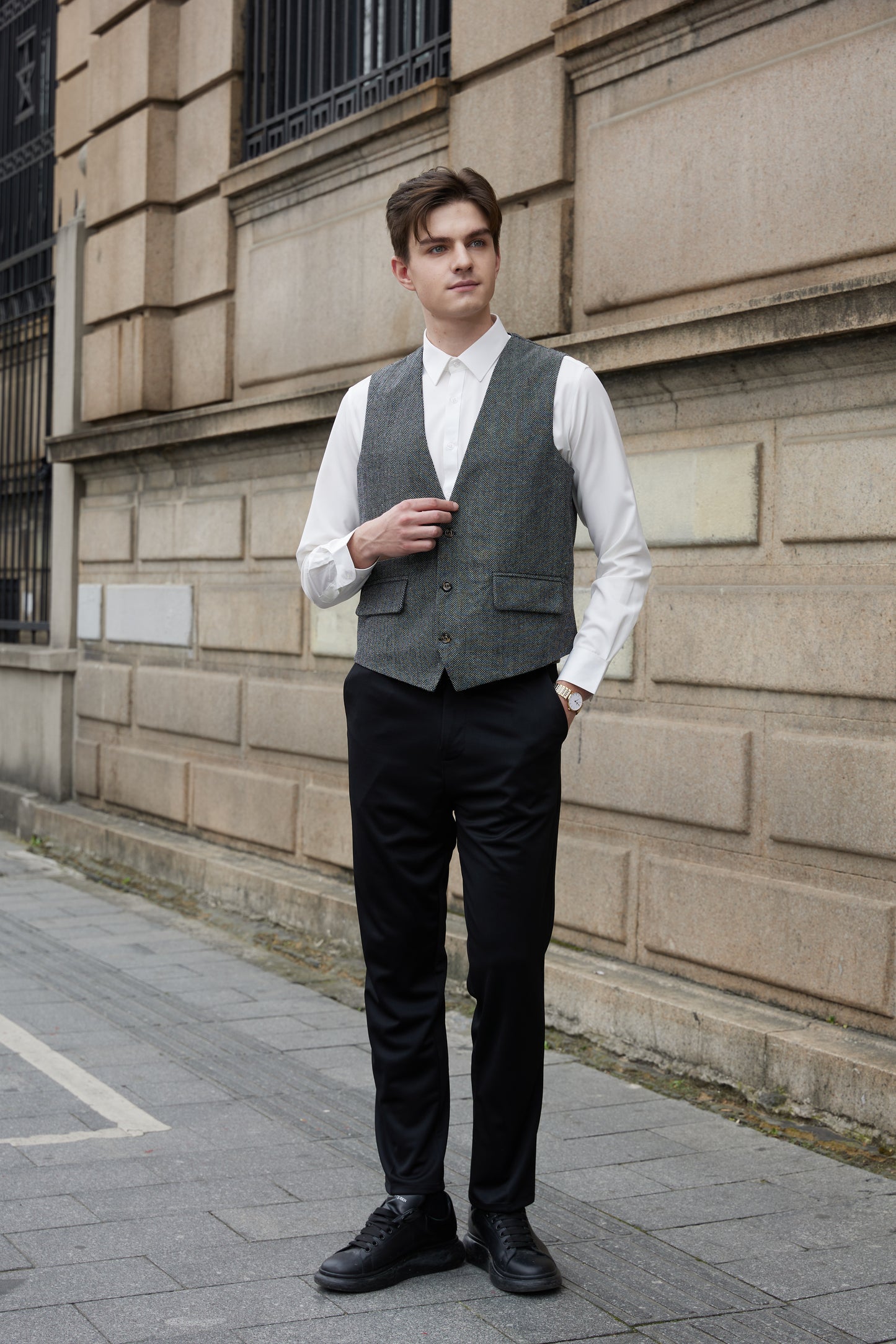 Yiaisafa Men's Tweed Suit Casual Vest Herringbone Wool Prom Waistcoat