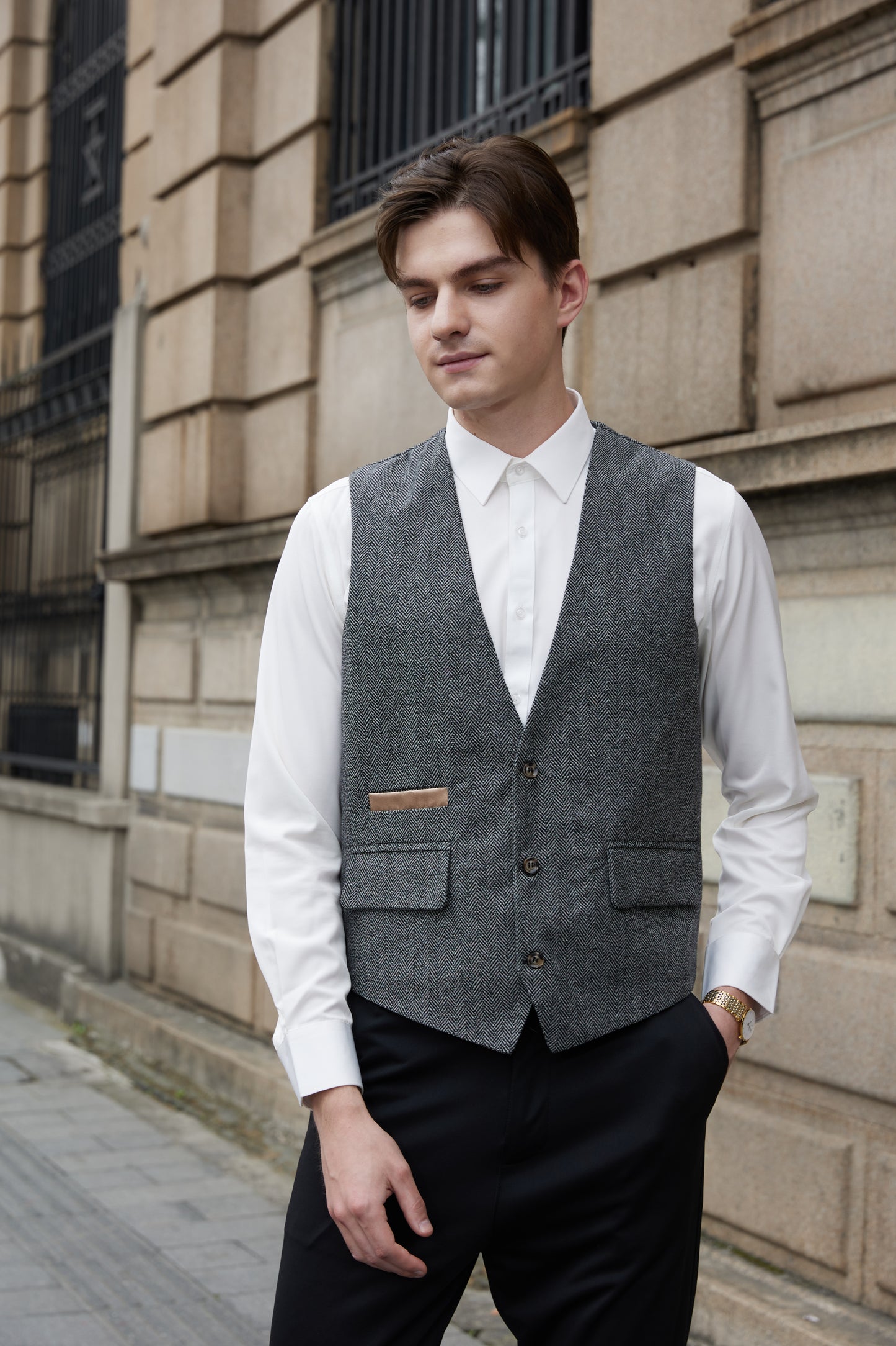 Yiaisafa Men's Tweed Suit Casual Vest Herringbone Wool Prom Waistcoat