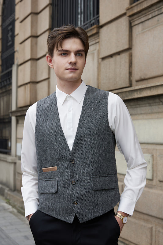 Yiaisafa Men's Tweed Suit Casual Vest Herringbone Wool Prom Waistcoat