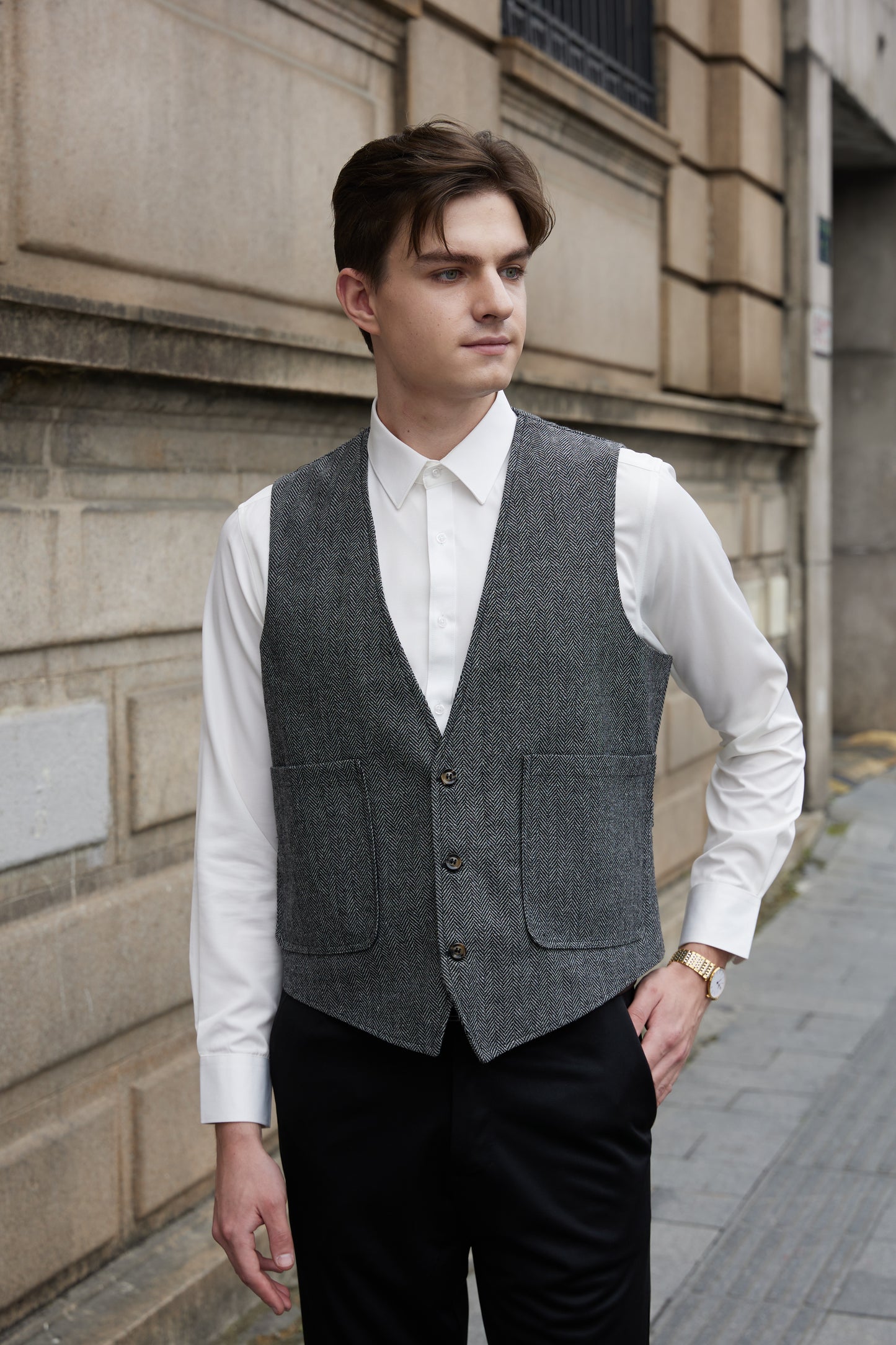 Yiaisafa Mens V Neck Casual Suit Vest Vintage Tweed Wool Wedding Waistcoat