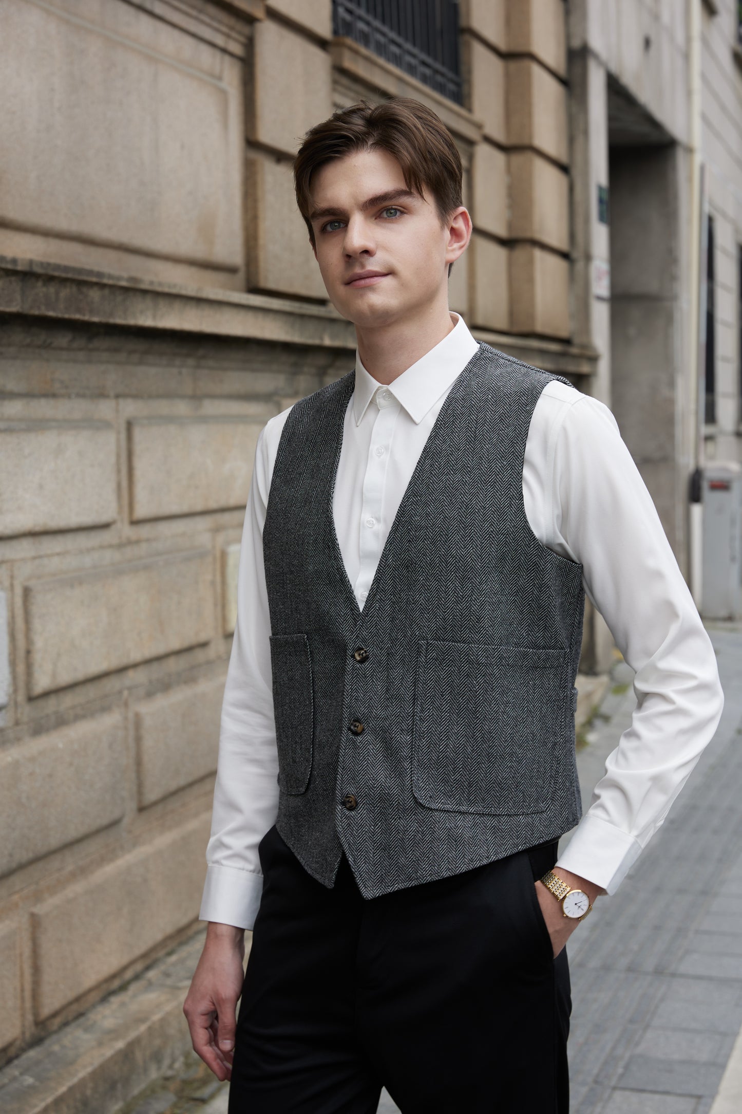 Yiaisafa Mens V Neck Casual Suit Vest Vintage Tweed Wool Wedding Waistcoat