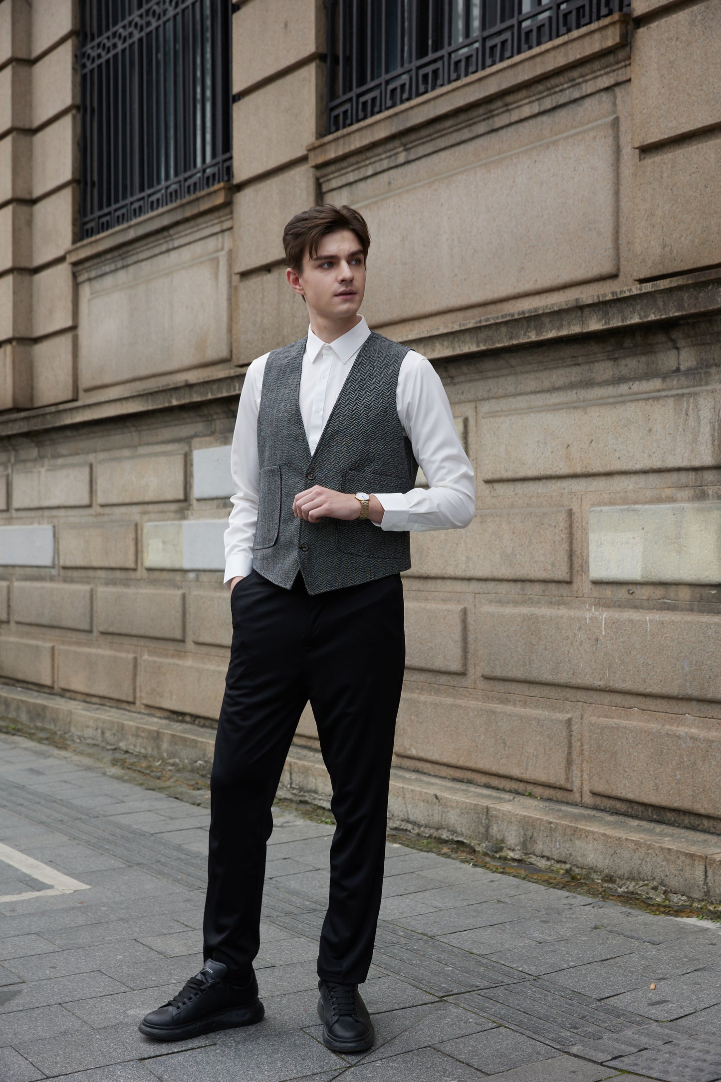 Yiaisafa Mens V Neck Casual Suit Vest Vintage Tweed Wool Wedding Waistcoat