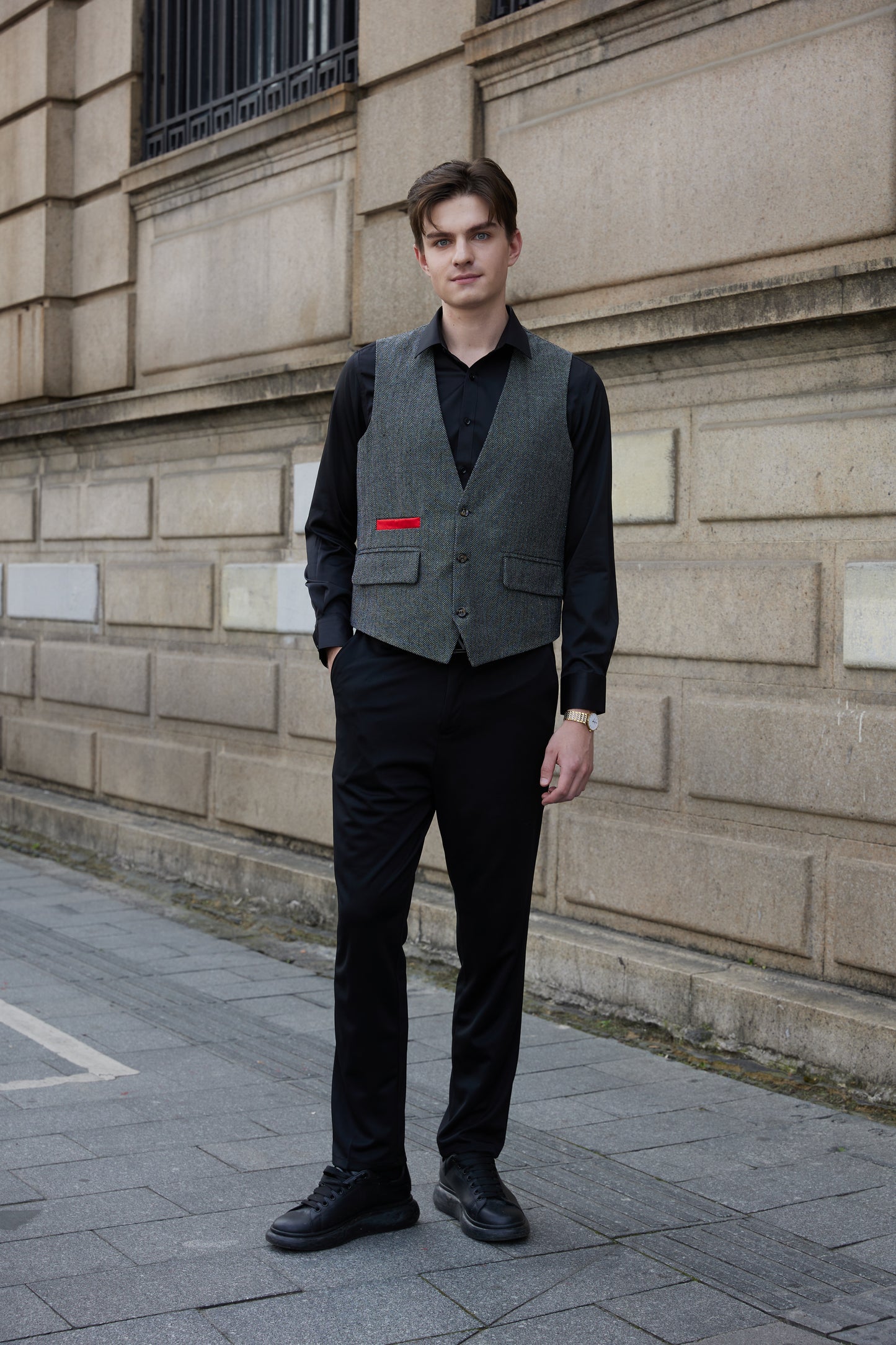 Yiaisafa Men's V-Neck Suit Vests Casual Business Herringbone Tweed Waistcoat