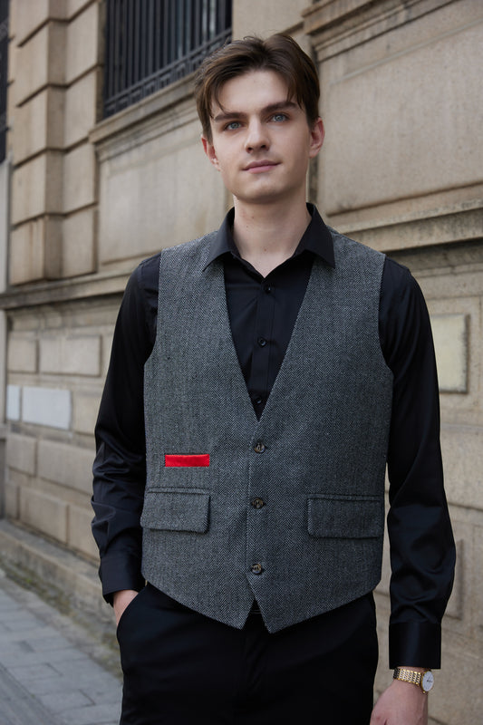 Yiaisafa Men's V-Neck Suit Vests Casual Business Herringbone Tweed Waistcoat