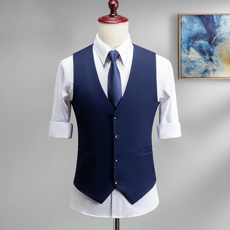 Yiaisafa Formal Men's Business Suit Vest Dark Blue V Neck Slim Fit Waistcoat