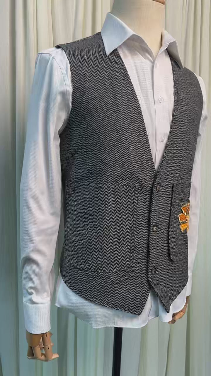 Yiaisafa Retro Mens Tweed Vest V Neck Wool Herringbone Wedding Waistcoat