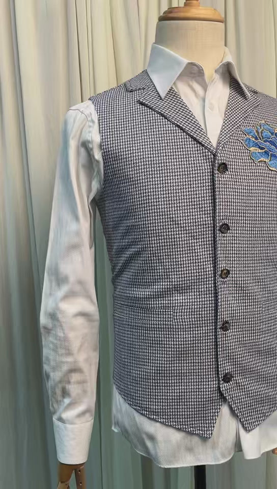 Yiaisafa Vintage Blue Embroidered Wool Checkered Vest Men's Waistcoat