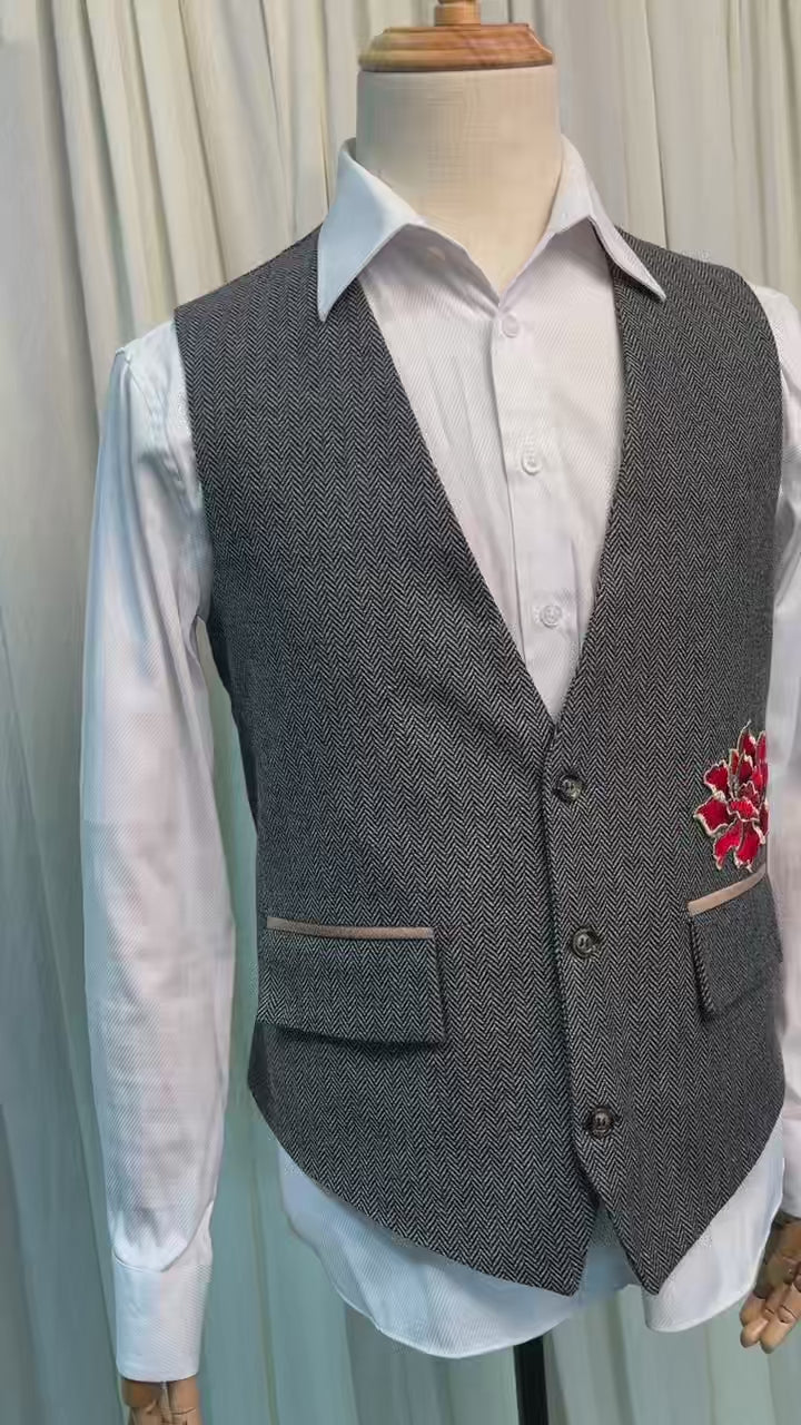 Yiaisafa Men's Suit Vest V Neck Wool Wedding Waistcoat with Red Hand Embroidered