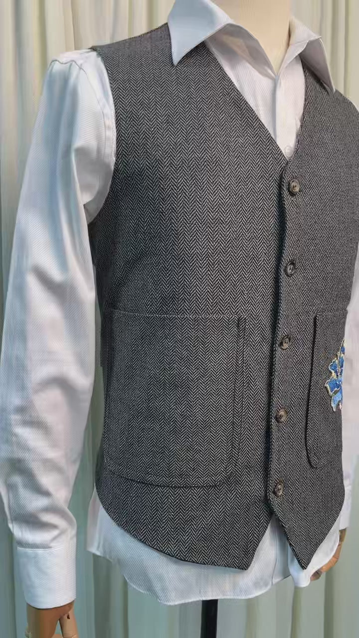 Yiaisafa Men's Herringbone Tweed Suit Vests Blue Embroidered V-Neck Waistcoat