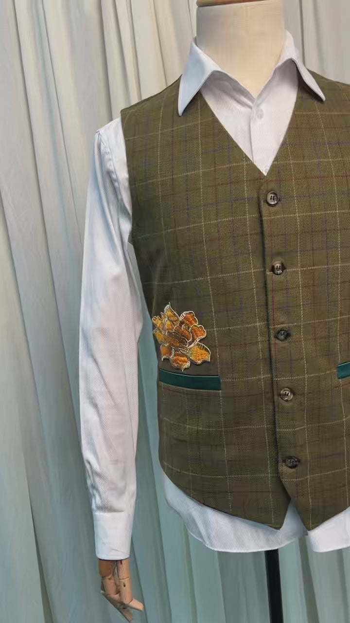 Yiaisafa Men's Vintage Vest Yellow Embroidered Wool V Neck Waistcoat
